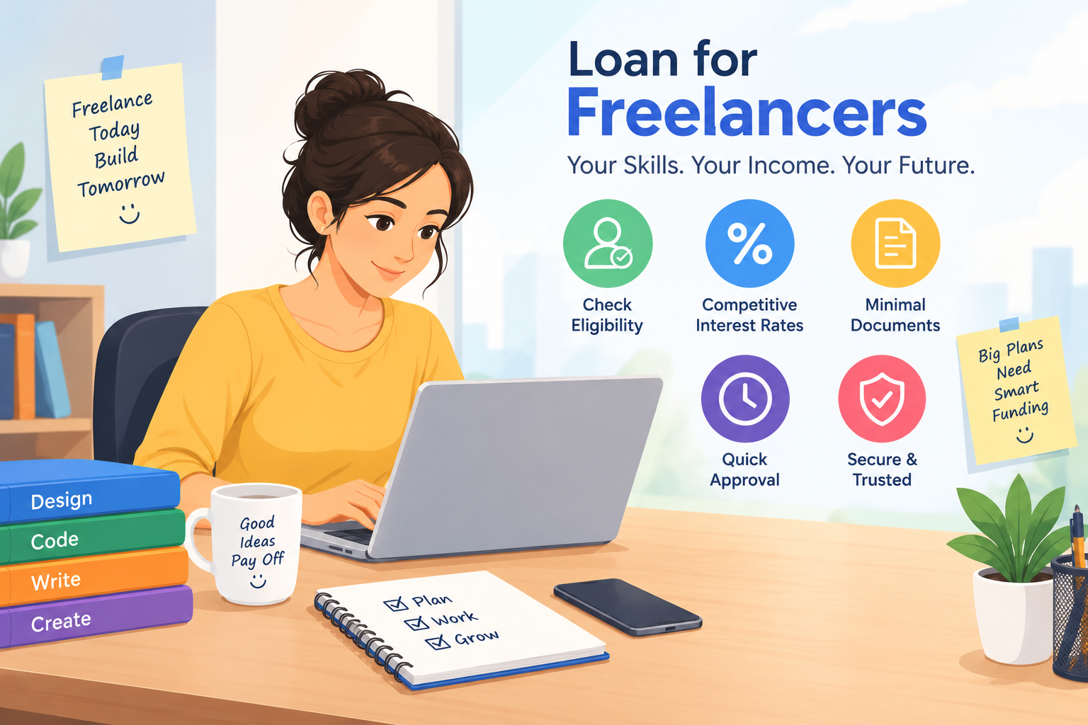 Loan for freelancers in India, featuring a freelancer working on a laptop with information about loan eligibility, competitive interest rates, minimal documentation, quick approval, and secure borrowing options.